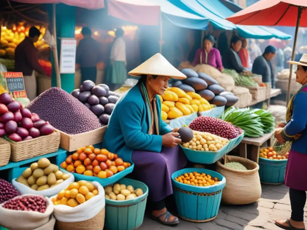 Un mercado peruano tradicional rebosante de vida, con ingredientes saludables y coloridos de la cocina peruana