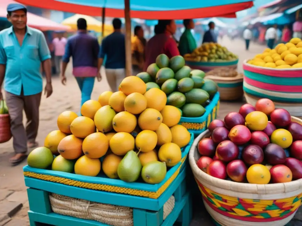 Un mercado peruano tradicional rebosante de maracuyás frescos