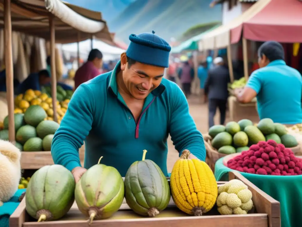 Un mercado peruano tradicional con cherimoyas vibrantes y un vendedor preparando receta refresco cherimoya peruano, rodeado de curiosos