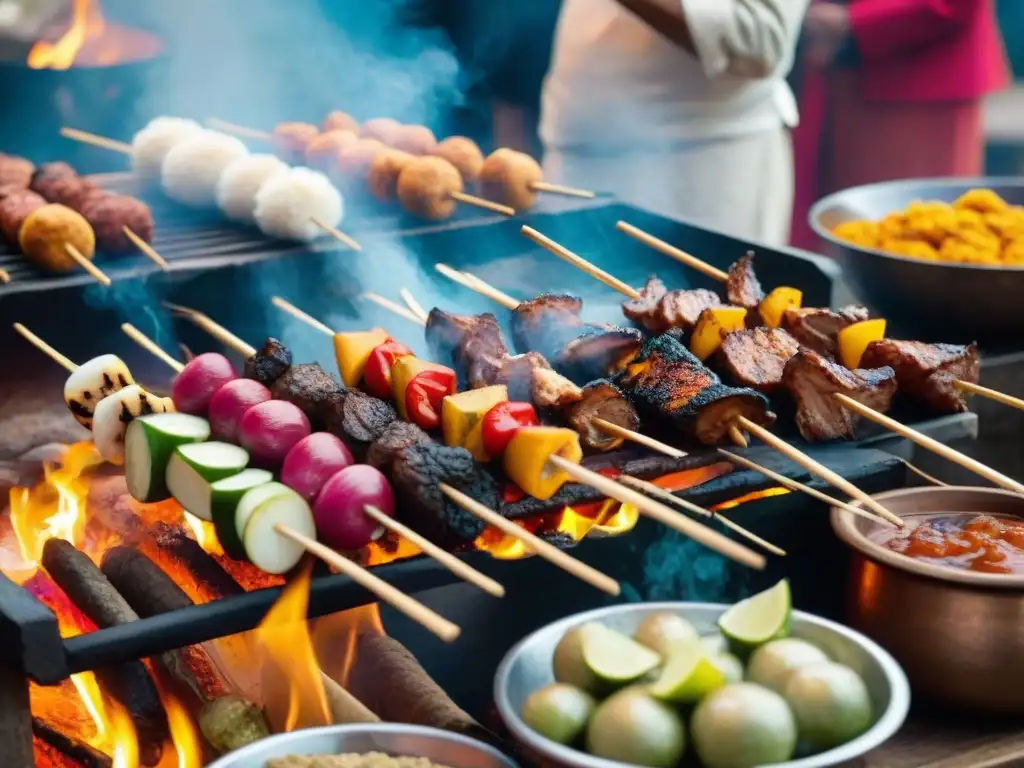 En un mercado peruano, un vendedor experto prepara anticuchos sobre fuego abierto