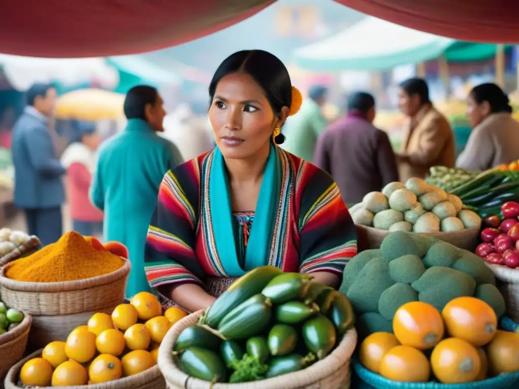 Mercado peruano con vendedores indígenas y coloridas frutas, verduras y hierbas medicinales