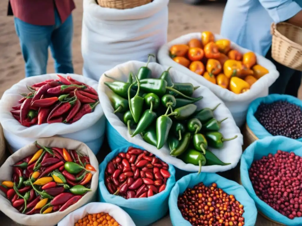 Un mercado peruano vibrante con ajíes raros en cestas tejidas, reflejando la diversidad culinaria y cultural