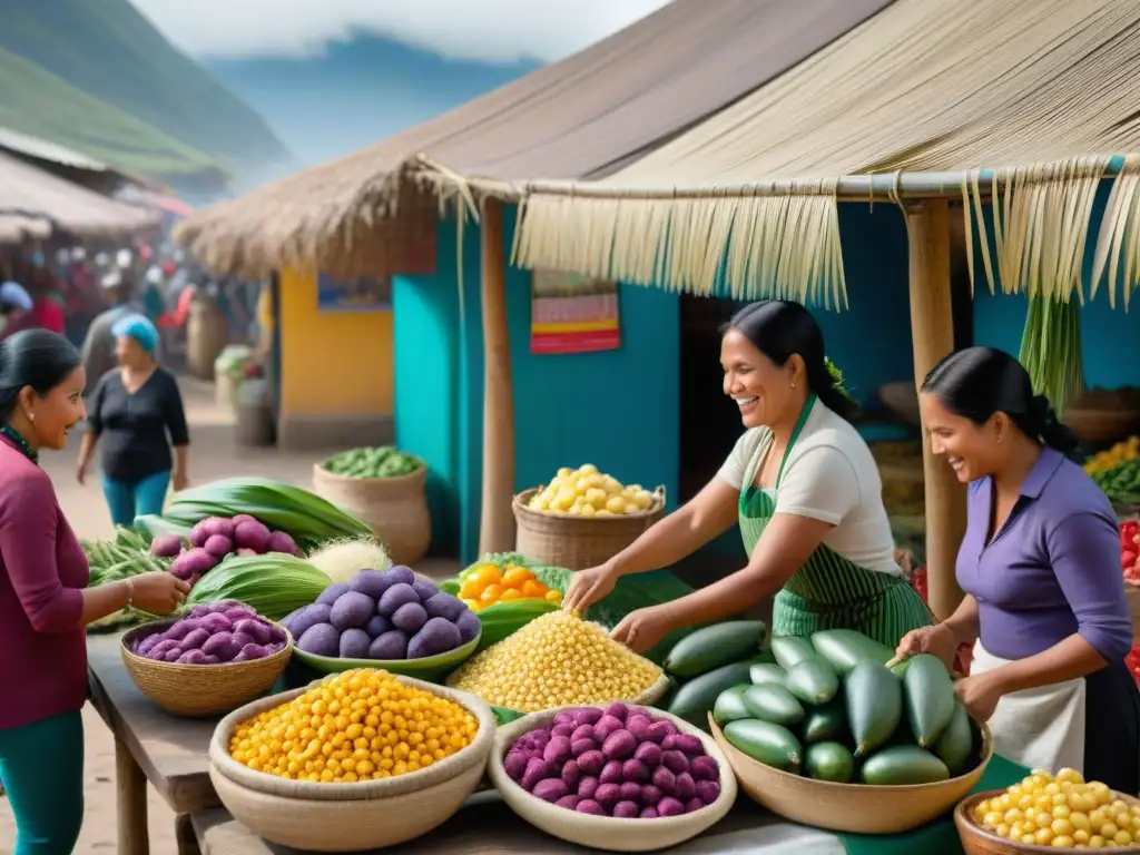 Mercado peruano vibrante con alimentos frescos y vendedores locales en atuendos tradicionales, reflejando la gastronomía peruana inclusión social