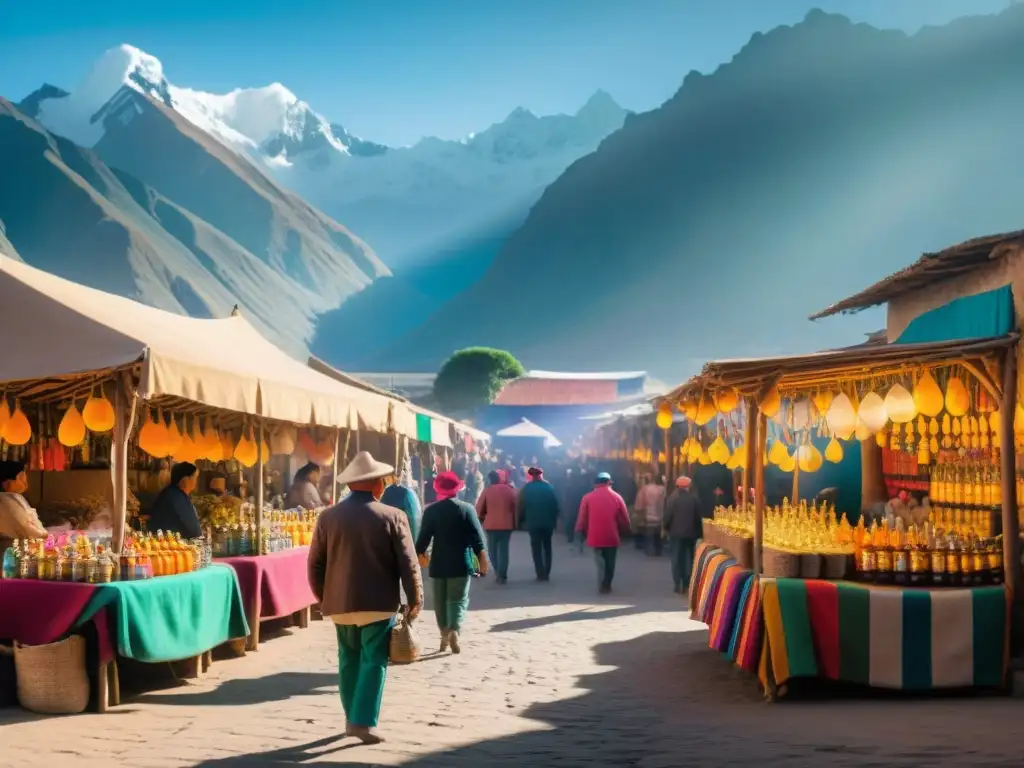 Un mercado peruano vibrante y bullicioso, con coloridos puestos de pisco y artesanías tradicionales