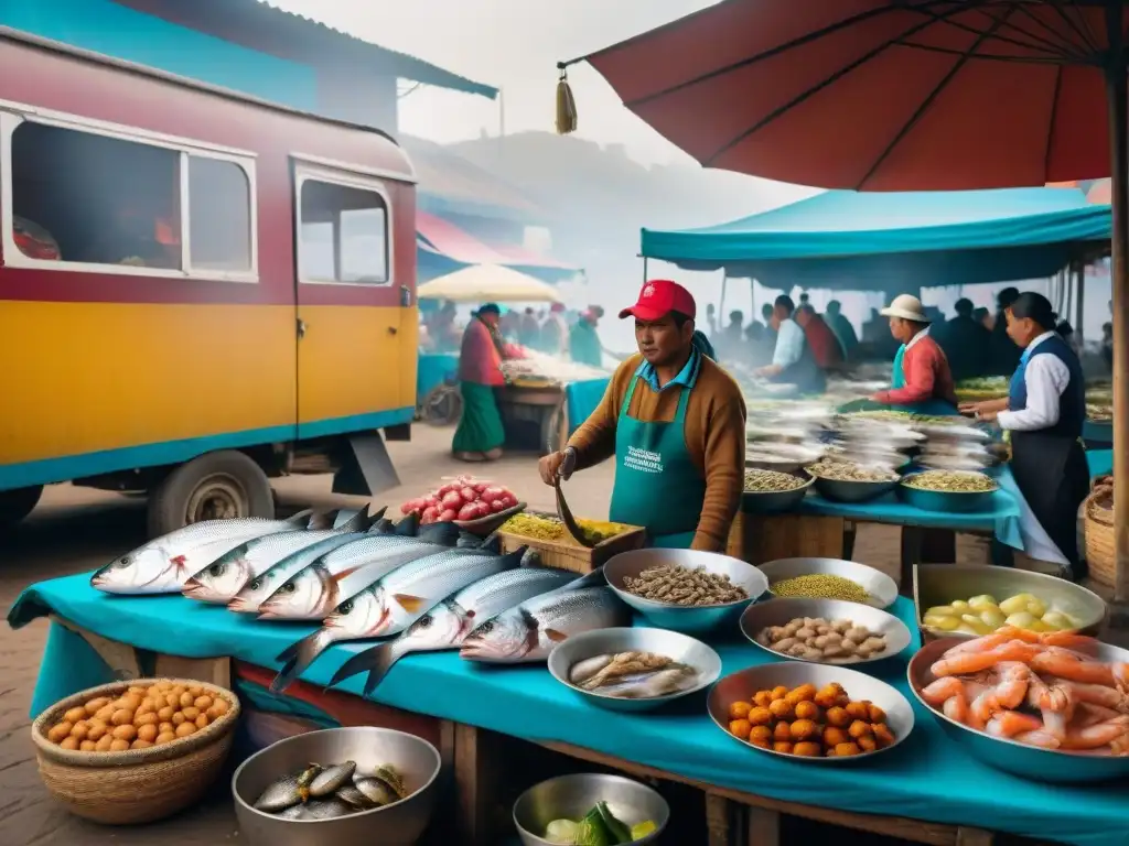 Un mercado peruano vibrante y bullicioso, lleno de puestos coloridos de mariscos frescos, destacando la importancia cultural de la gastronomía peruana