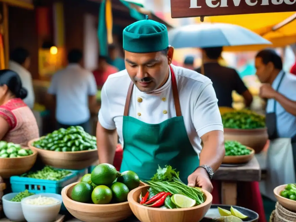 Un mercado peruano vibrante y bullicioso lleno de puestos coloridos rebosantes de ingredientes frescos como limones, ajíes, cilantro y mariscos