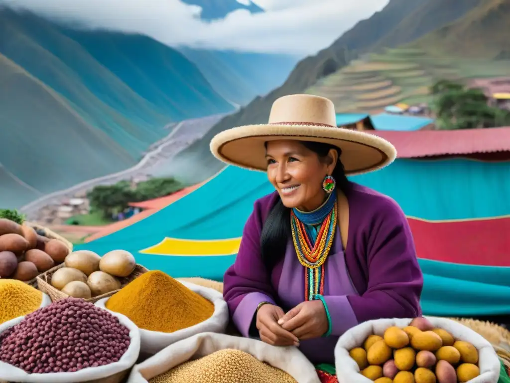 Un mercado peruano vibrante y bullicioso, con ingredientes autóctonos coloridos y vendedores tradicionales, bajo la imponente cordillera Andina