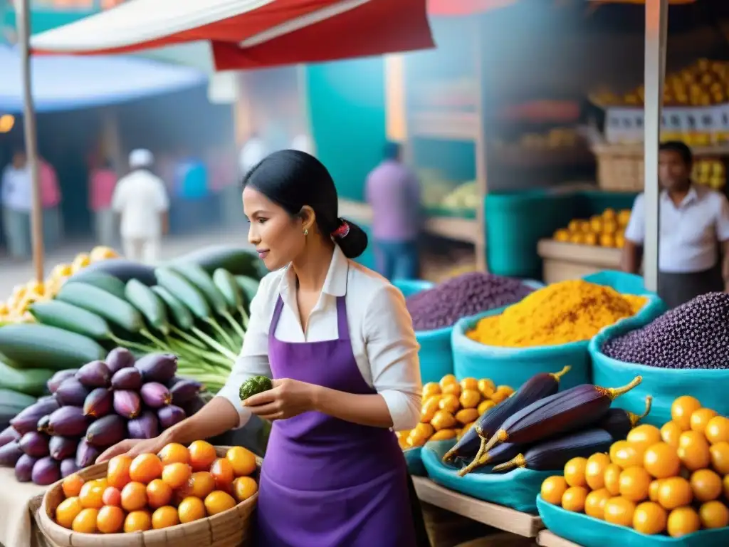 Un mercado peruano vibrante y bullicioso, mostrando ingredientes autóctonos como maíz morado, fruta de lúcuma y ají amarillo