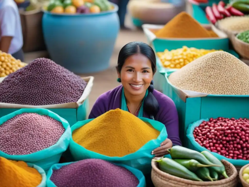 Un mercado peruano vibrante y bullicioso lleno de ingredientes autóctonos como maíz morado, quinua y ajíes