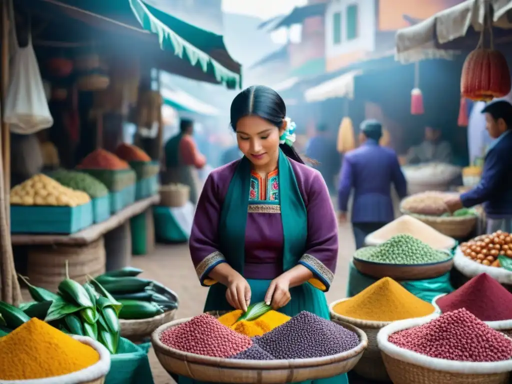 Un mercado peruano vibrante y bullicioso, lleno de coloridos puestos que venden ingredientes tradicionales como maíz morado, quinua y ajíes