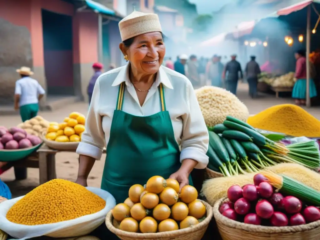 Un mercado peruano vibrante y bullicioso, lleno de puestos coloridos vendiendo productos locales variados y platos tradicionales