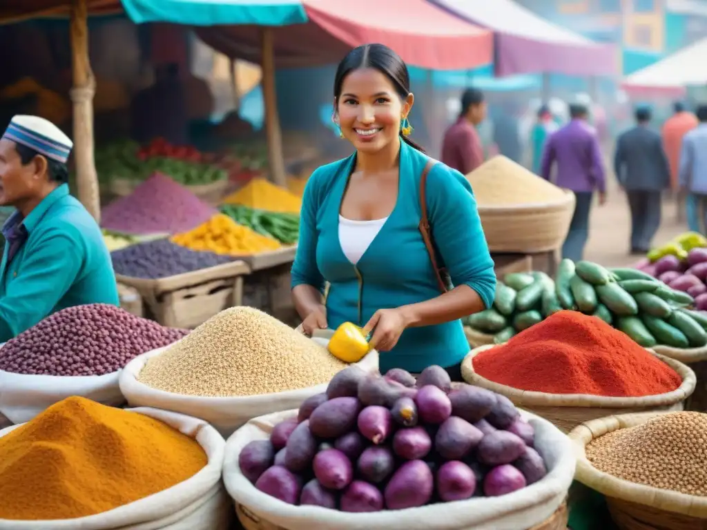 Un mercado peruano vibrante y bullicioso, repleto de ingredientes autóctonos de la cocina peruana