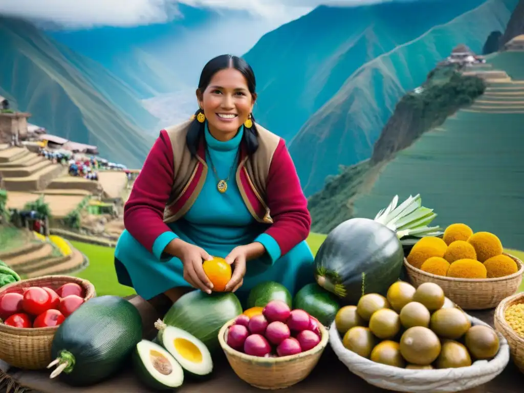 Un mercado peruano vibrante y bullicioso, con frutas, verduras e ingredientes autóctonos coloridos