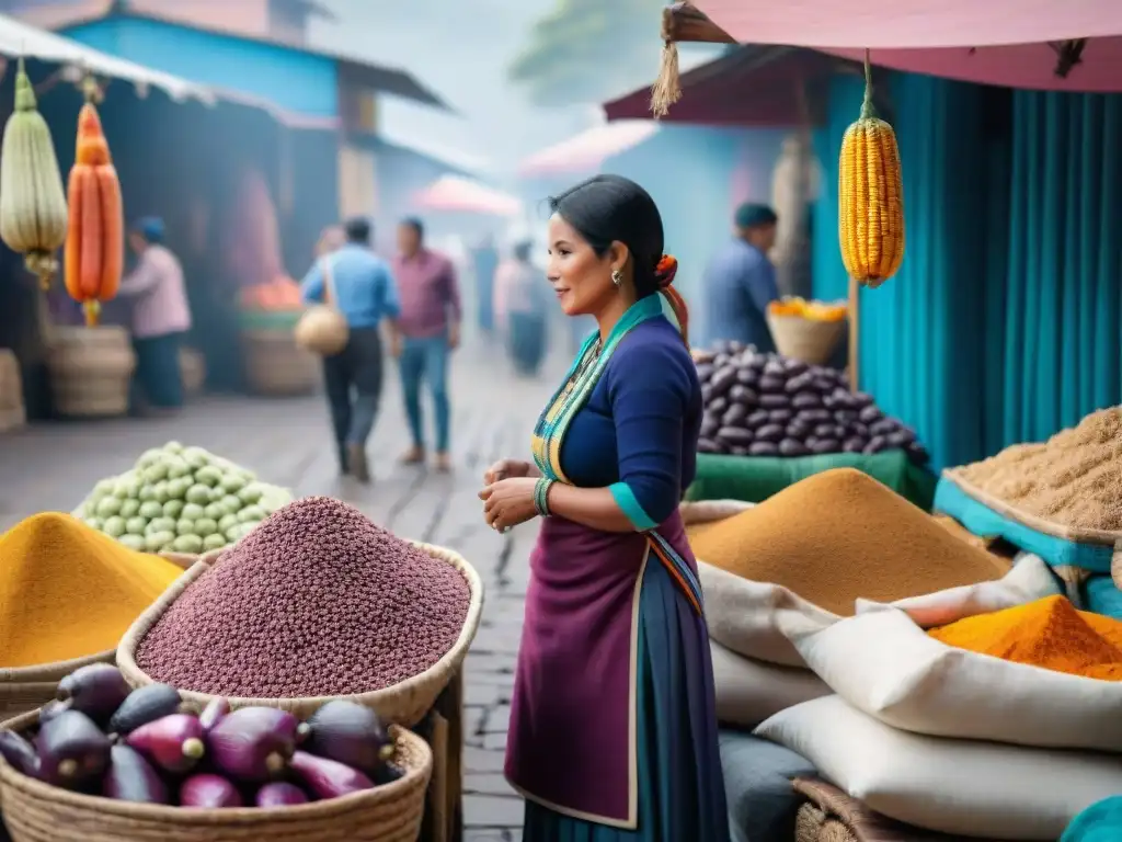 Un mercado peruano vibrante y bullicioso, exhibiendo ingredientes autóctonos coloridos como maíz morado, quinua, ajíes y fruta de lúcuma