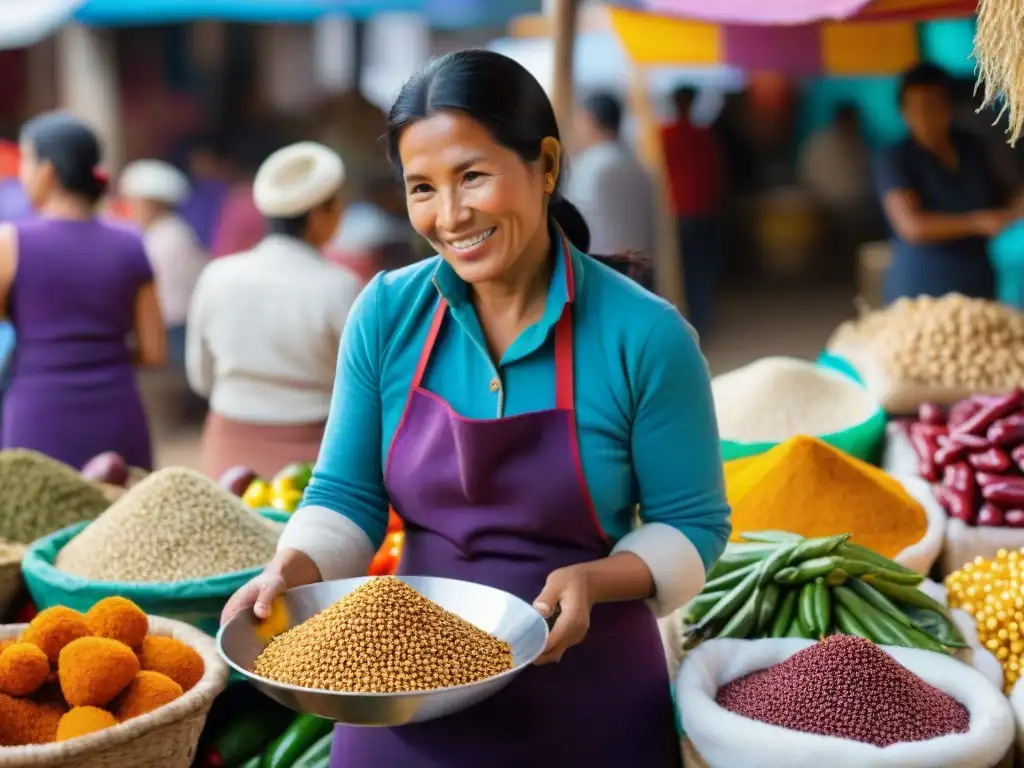 Un mercado peruano vibrante y bullicioso, con ingredientes autóctonos como maíz morado, quinua y ajíes coloridos