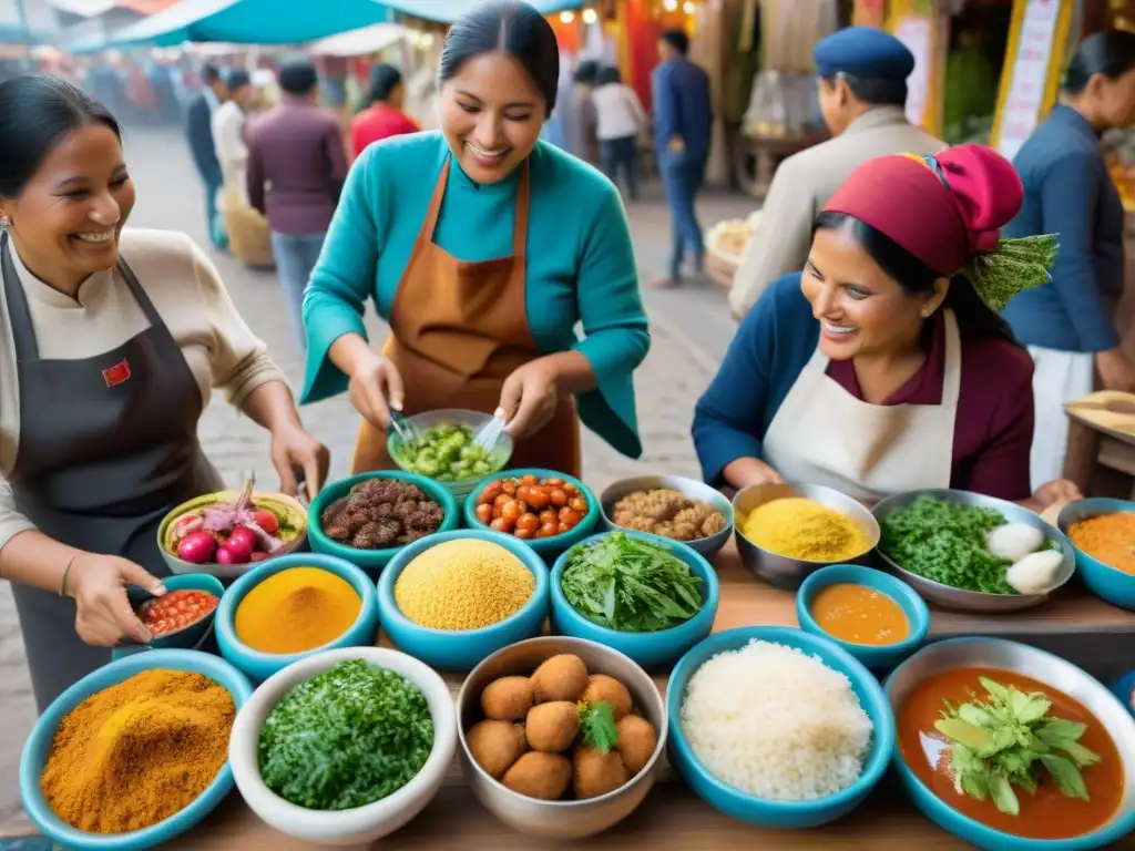 Un mercado peruano vibrante y bullicioso, donde personas diversas comparten platos tradicionales