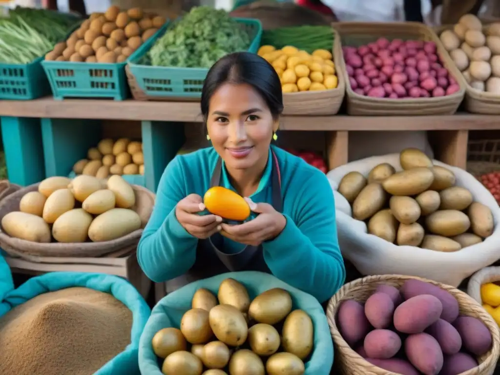 Un mercado peruano vibrante y bullicioso, lleno de coloridos puestos rebosantes de frutas y verduras frescas y exóticas