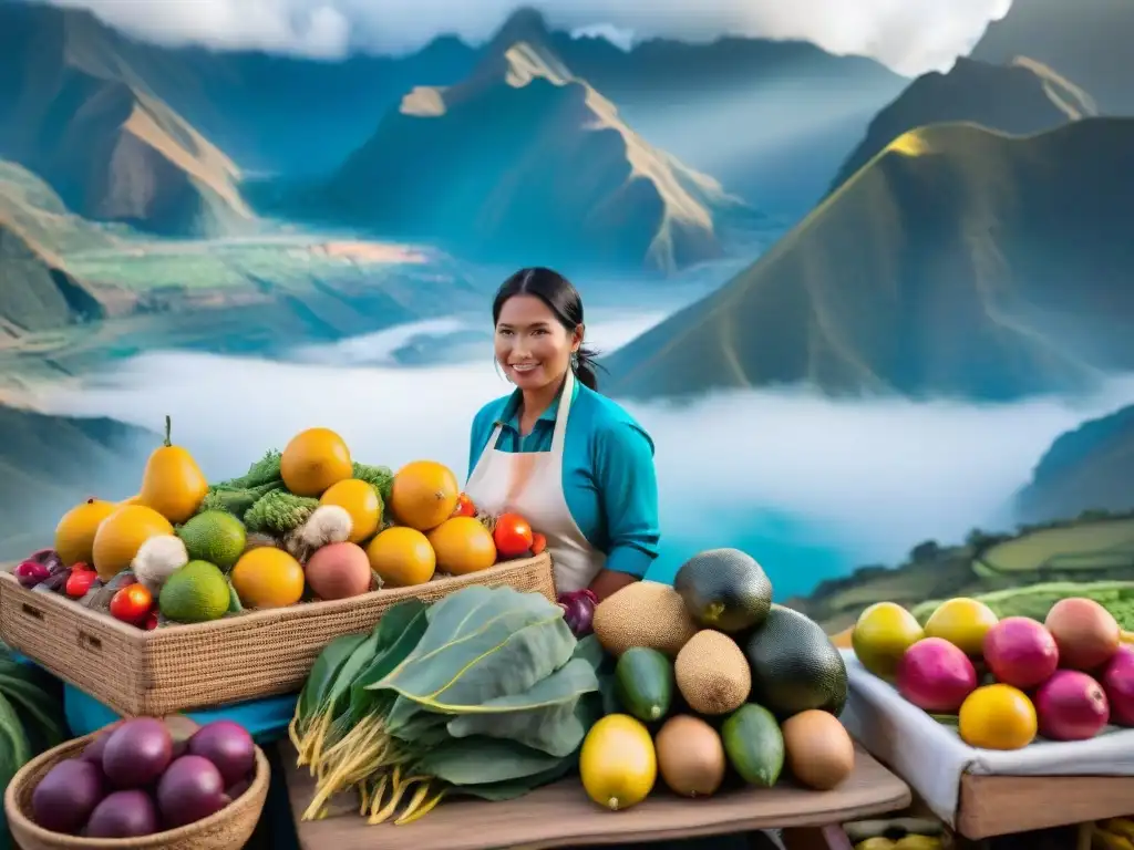 Un mercado peruano vibrante y bullicioso, donde la sostenibilidad en la alta cocina tiene un impacto positivo