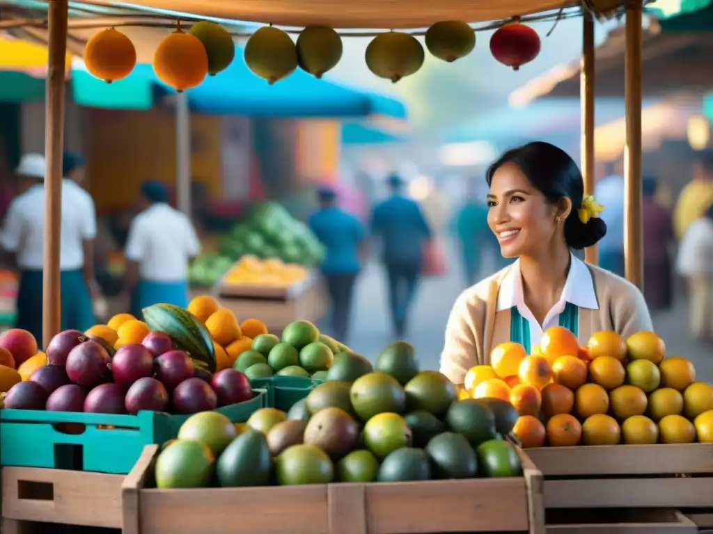 Un mercado peruano vibrante y bullicioso con una amplia variedad de frutas exóticas, destacando la lúcuma en cocina fusión