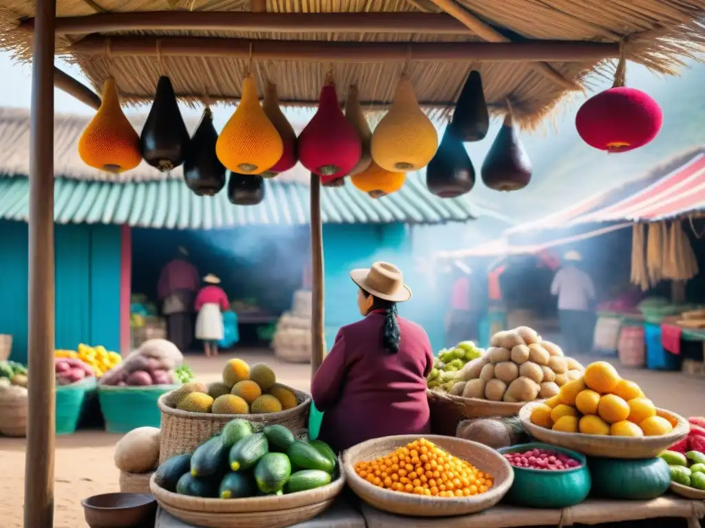 Un mercado peruano vibrante y bullicioso resalta la importancia de los ingredientes autóctonos en la gastronomía peruana