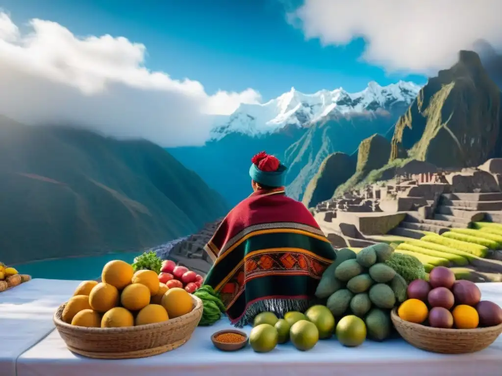 Un mercado peruano vibrante y bullicioso con puestos coloridos rebosantes de frutas exóticas, especias aromáticas y textiles tradicionales