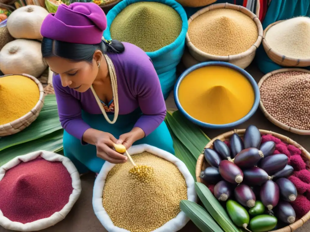 Un mercado peruano vibrante y bullicioso con superalimentos exóticos