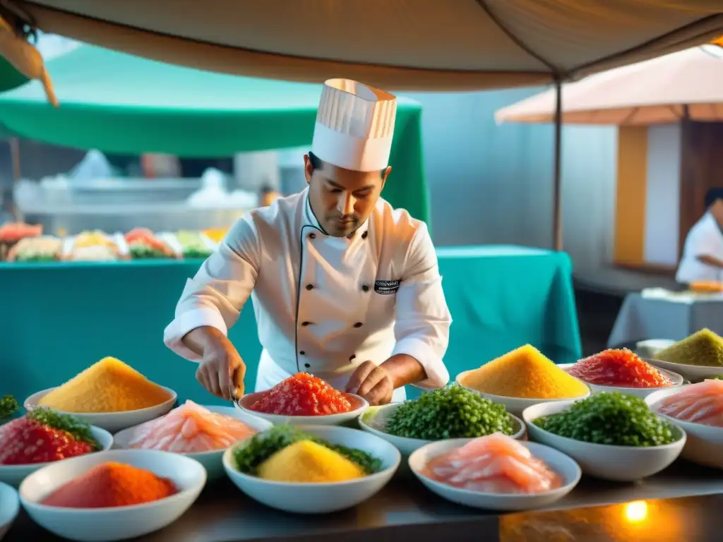 Un mercado peruano vibrante con chefs preparando tiradito peruano sashimi sorprendente