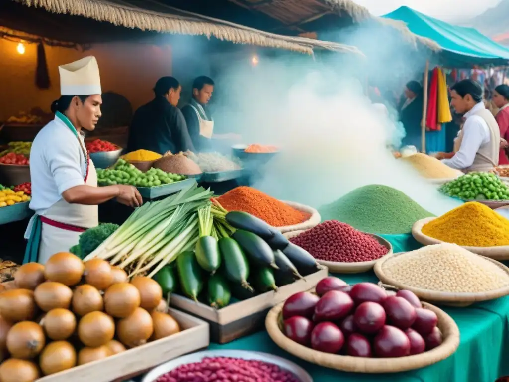 Mercado peruano vibrante con chefs preparando platos tradicionales