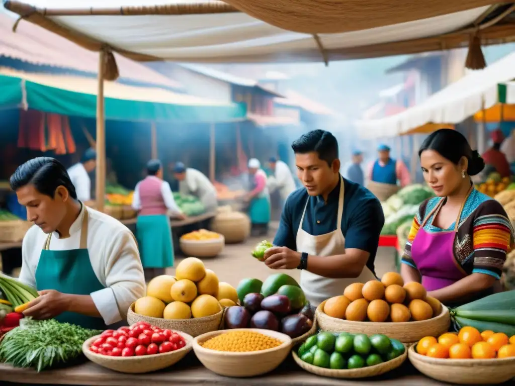 Mercado peruano vibrante: chefs y productos locales en diálogo, reflejando la sostenibilidad en la gastronomía peruana