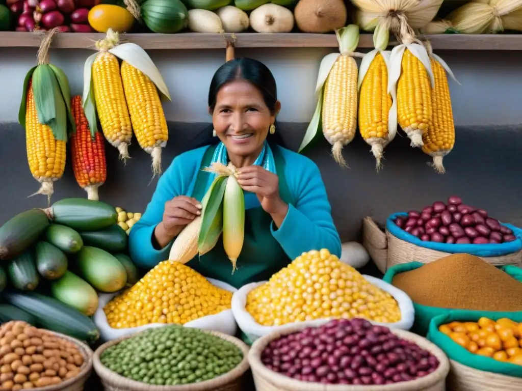 Un mercado peruano vibrante con choclo maíz gigante, frutas y mujeres indígenas en trajes tradicionales, bajo los Andes