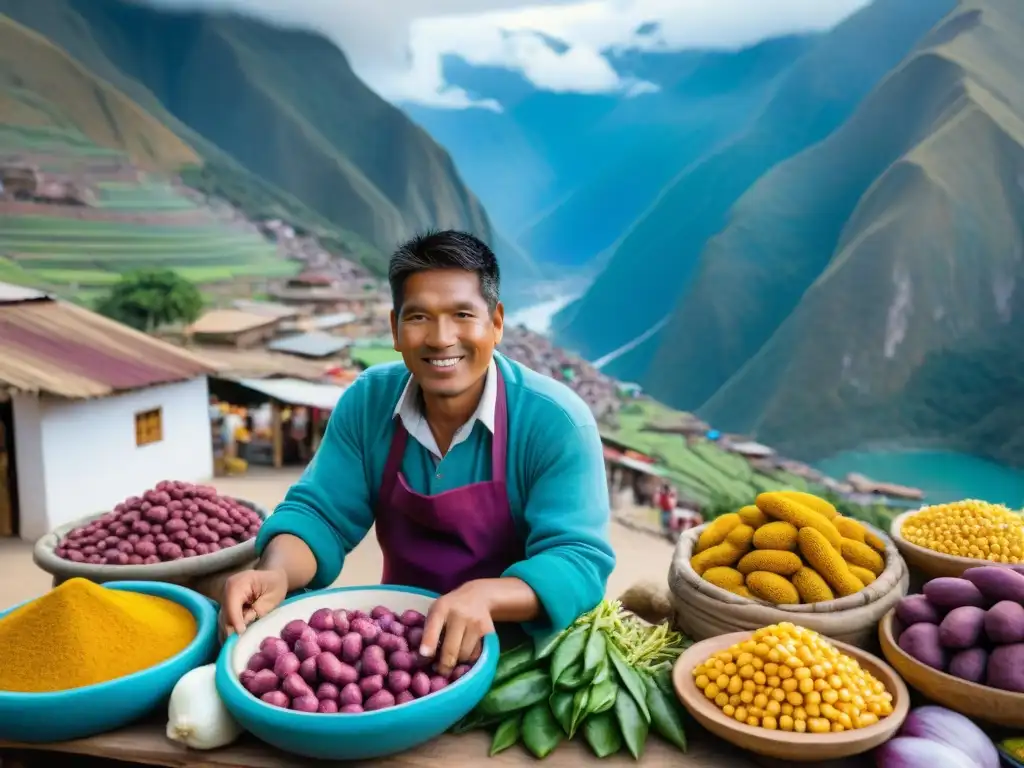 Un mercado peruano vibrante, con colores de papas moradas, maíz amarillo y ajíes