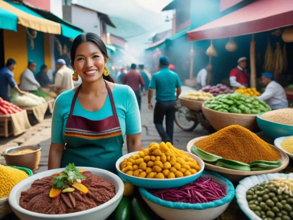 Un mercado peruano vibrante con colores y sabores únicos