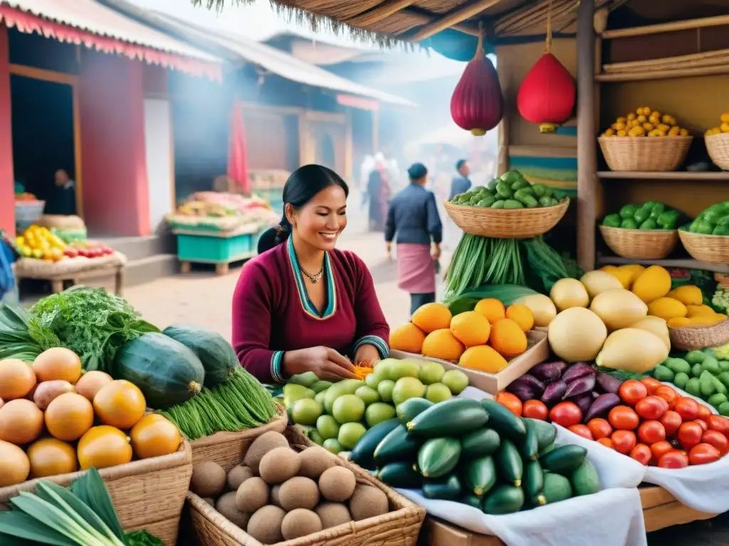 Un mercado peruano vibrante y colorido, mostrando la riqueza culinaria del país