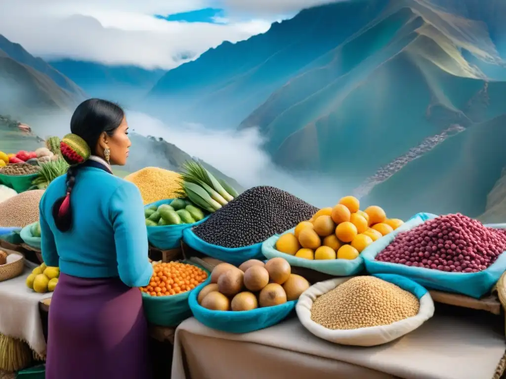 Un mercado peruano vibrante y colorido muestra la dieta peruana para mejorar salud con frutas, verduras y superalimentos tradicionales