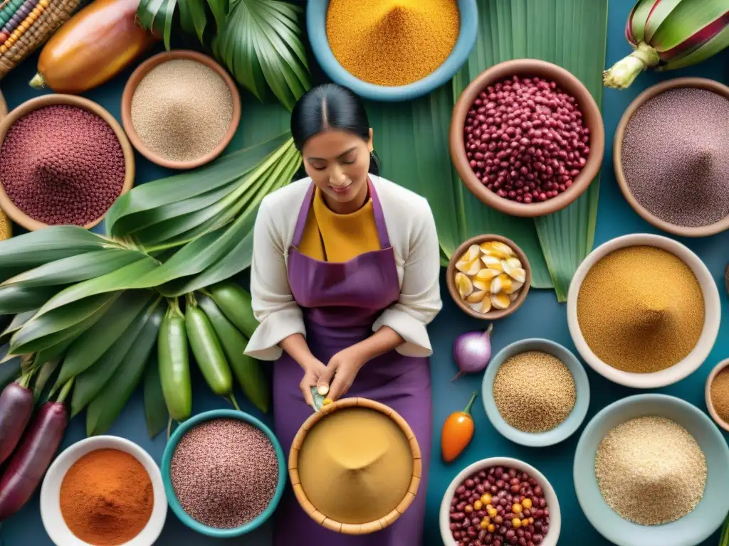 Un mercado peruano vibrante y colorido, lleno de ingredientes autóctonos