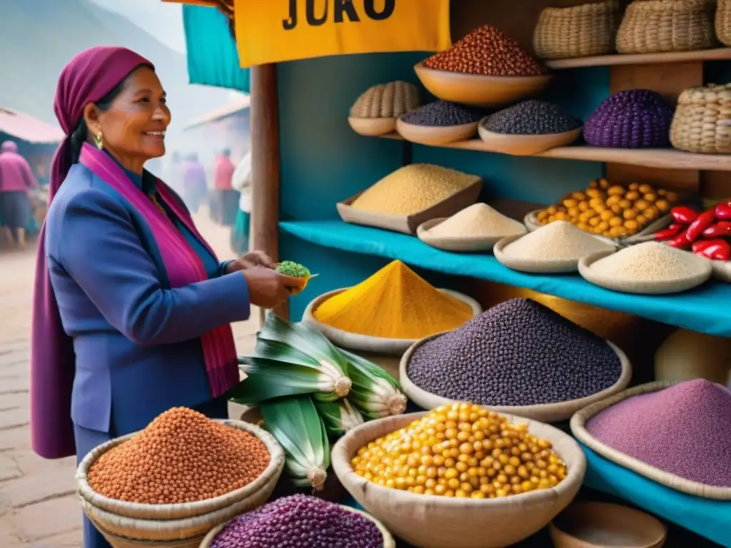 Un mercado peruano vibrante y colorido con ingredientes autóctonos en un ambiente auténtico