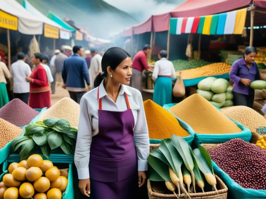 Un mercado peruano vibrante y colorido, donde la sostenibilidad de los ingredientes destaca en la gastronomía local