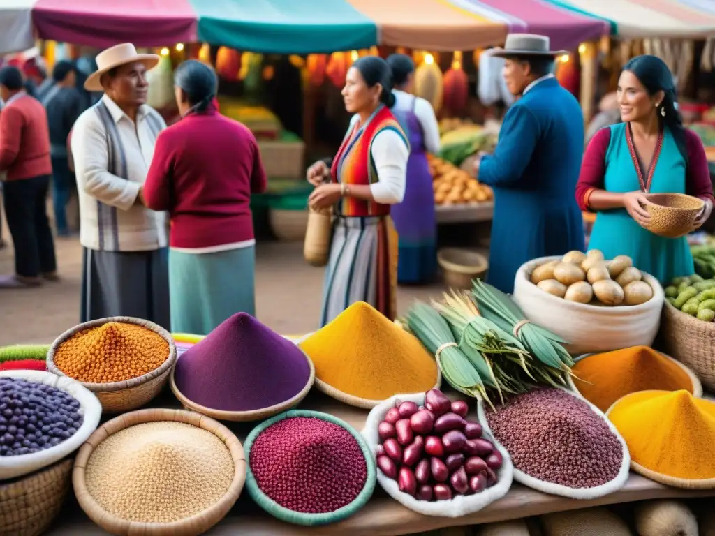 Un mercado peruano vibrante y colorido con ingredientes autóctonos