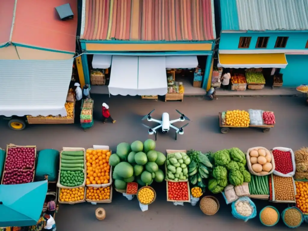 Mercado peruano vibrante: entrega de ingredientes con drones Mercado peruano vibrante con entrega de ingredientes frescos por drones, fusionando tradición e innovación culinaria