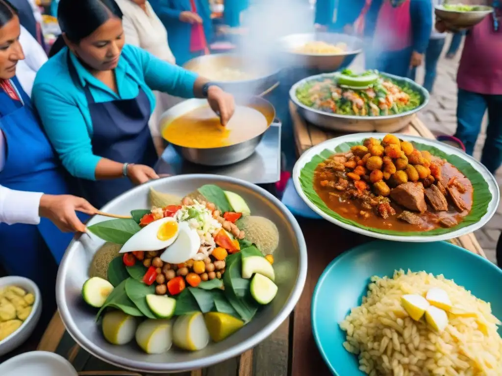 Un mercado peruano vibrante durante festividades, con diversos platos tradicionales y colores