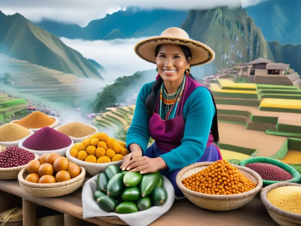 Mercado peruano vibrante con frutas y verduras coloridas