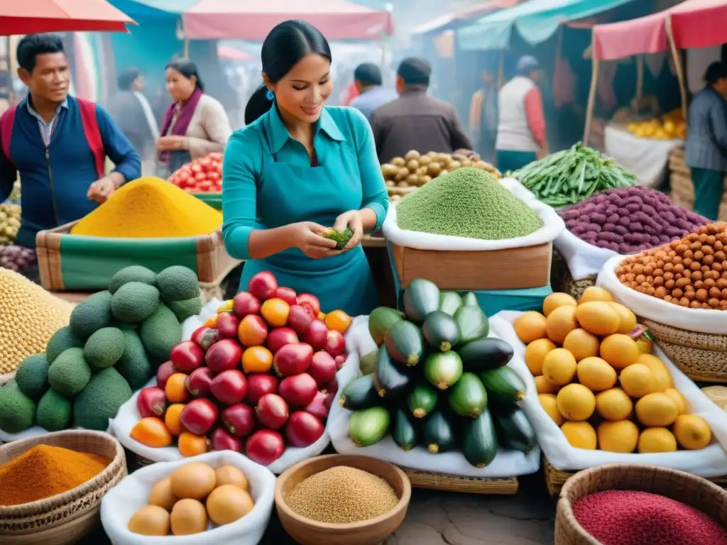 Mercado peruano vibrante con frutas, verduras y especias