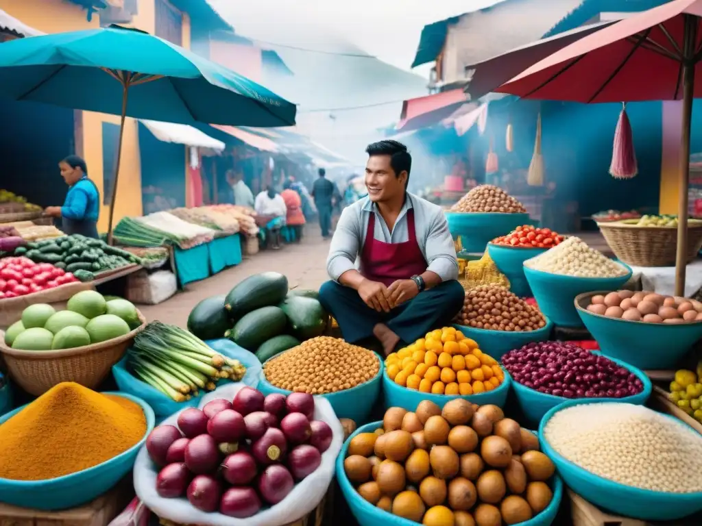 Mercado peruano vibrante con frutas, textiles andinos y platos autóctonos en parrillas abiertas