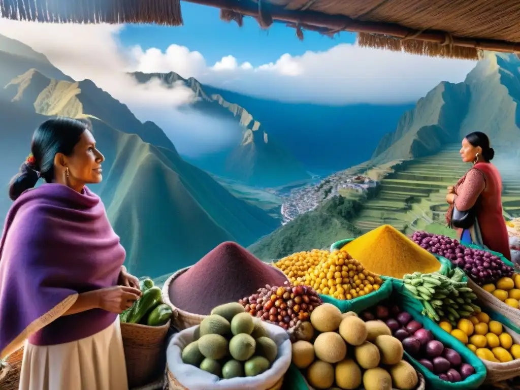 Mercado peruano vibrante con frutas y verduras tradicionales, vendedores locales y colores brillantes