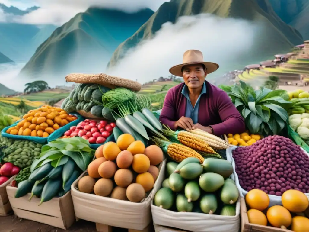 Mercado peruano vibrante con frutas y verduras únicas bajo el sol andino, reflejando la dieta peruana para perder peso