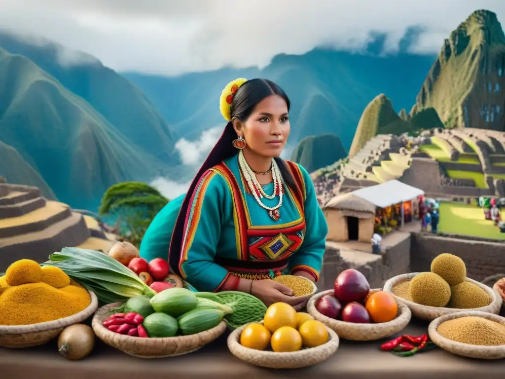 Mercado peruano vibrante con frutas, verduras y especias coloridas, reflejando la riqueza culinaria y cultural de 'Orígenes de la gastronomía peruana'