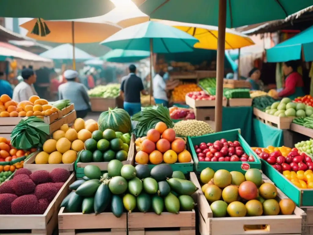 Mercado peruano vibrante con frutas exóticas como aguaymanto, destacando la importancia del aguaymanto en gastronomía