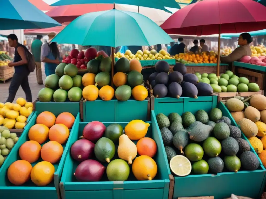 Un mercado peruano vibrante con frutas frescas y Pisco artesanal en exhibición