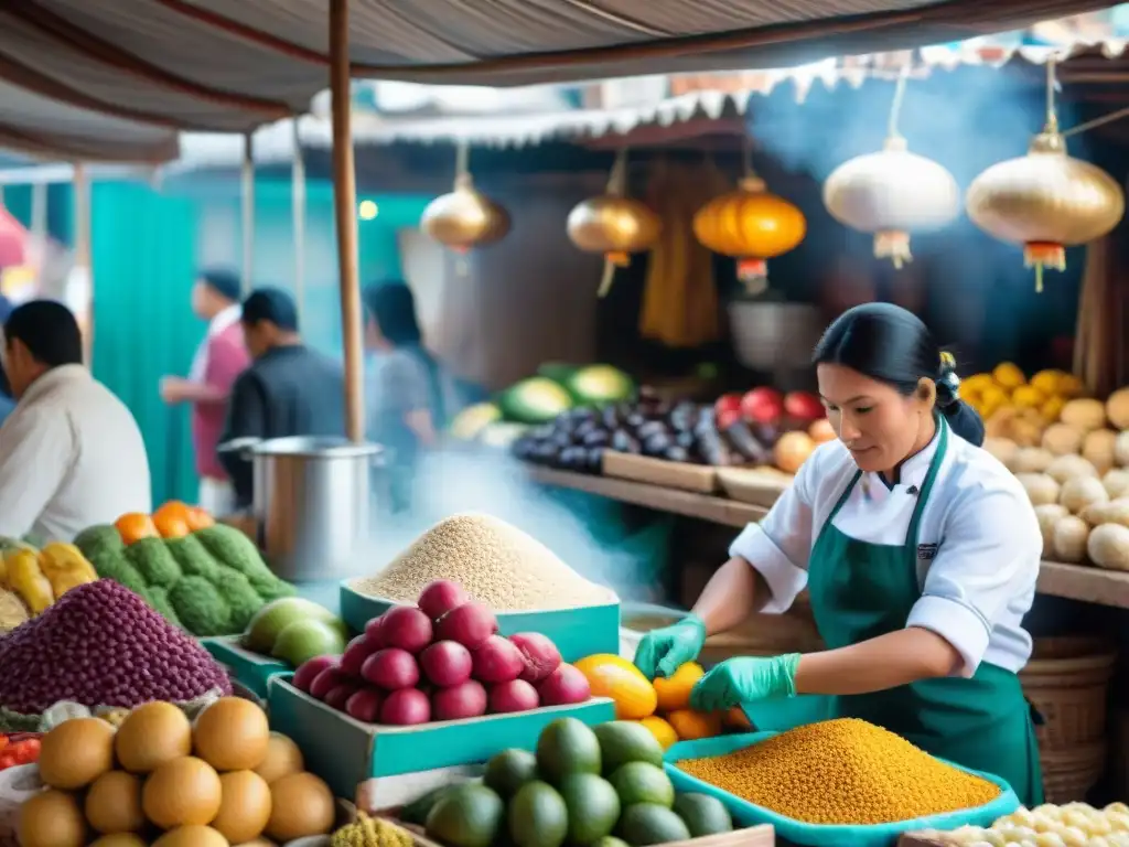 Un mercado peruano vibrante con gastronomía auténtica y fusiones culinarias