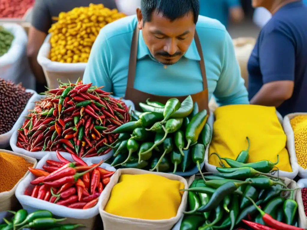 Un mercado peruano vibrante destaca la importancia del ají en Perú con una variedad de chiles coloridos